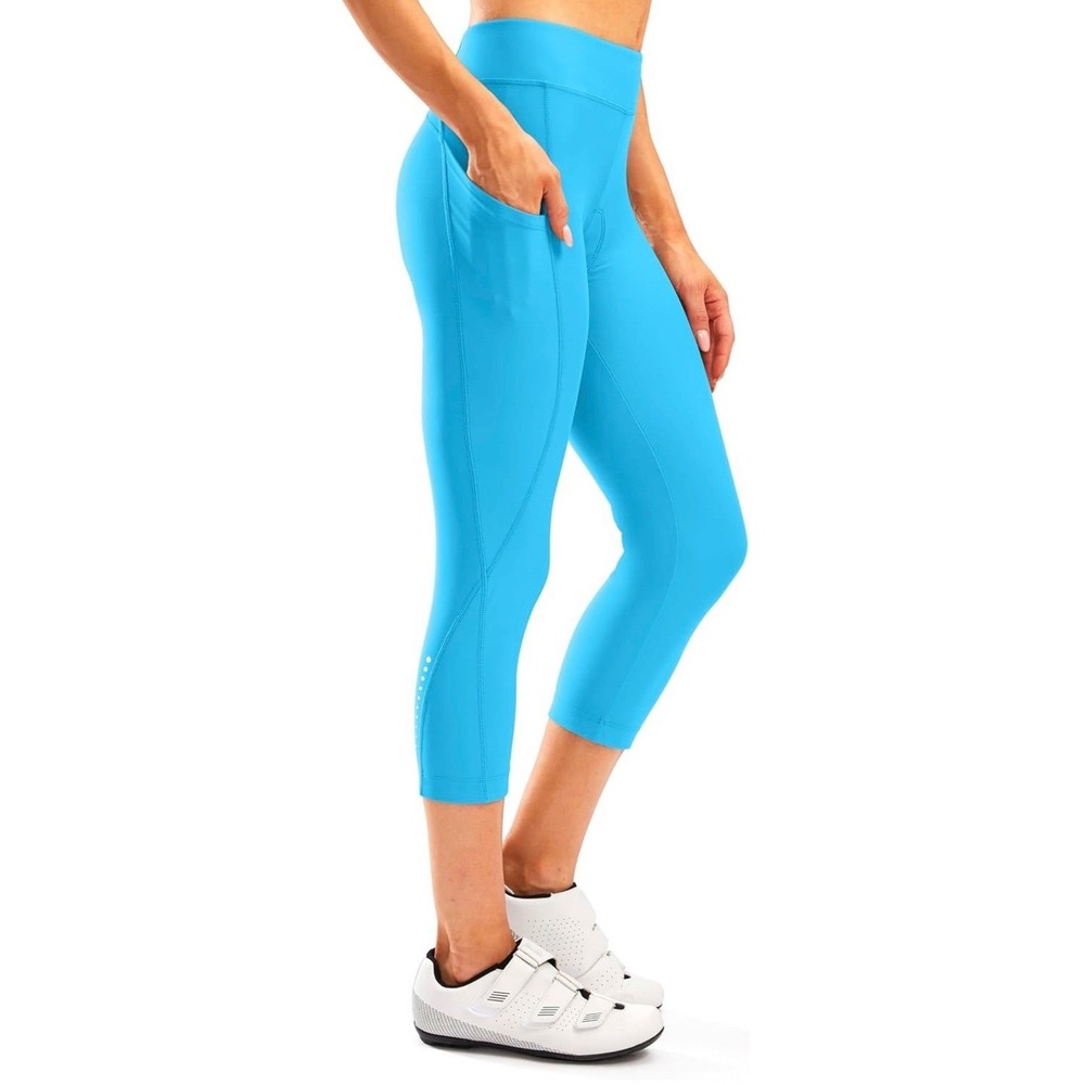 BIKEWA Womens 4D Padded Cycling Capris Blue High Waist Biking Tights Medium